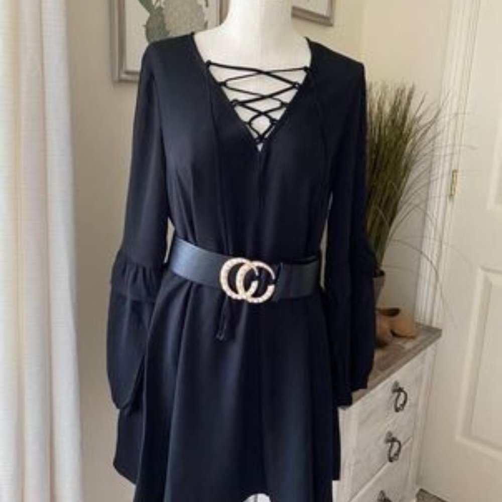 Lace-Up Tunic Black Dress